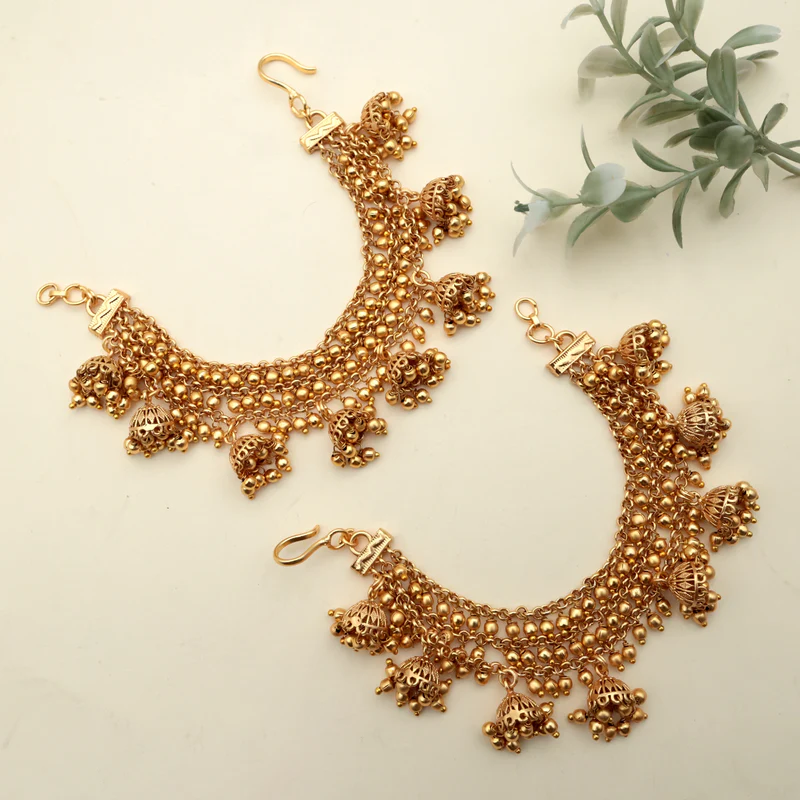 3 Lines Gold Balls Jhumkas Hanging Bridal Earchain
